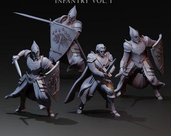 Puede incluir: Cuatro figuras en miniatura grises tituladas THE KING'S ARMY INFANTRY VOL. I. Tres figuras llevan cascos puntiagudos, armaduras de placas y escudos con un emblema de árbol. Una figura está descubierta, lleva armadura y sostiene una espada.