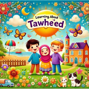 Peut inclure: Illustration colorée avec trois enfants souriants, une maison et des papillons. Le texte "Learning About Tawheed" est affiché au-dessus des enfants. La scène comprend une plage, des fleurs et un camion bleu.