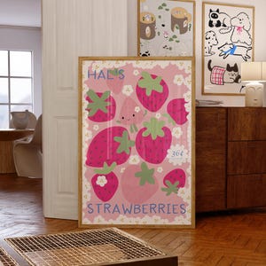 Impresión de fresas / Impresión artística adorable y divertida con fresas de aspecto delicioso y brillante / Linda obra de arte hecha a mano / Descarga digital