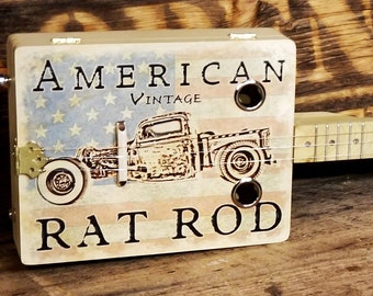 The "American Rat Rod" - 3-String  Illustrated Acoustic/Electric Cigar Box Guitar