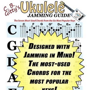 Könnte beinhalten: Ein illustrierter Leitfaden für Ukulele-Akkorde mit dem Titel "C.B. Citty's Ukulele Jamming Guide". Der Leitfaden zeigt die sieben am häufigsten verwendeten Akkorde aus den sechs beliebtesten Tonarten, mit Diagrammen für jeden Akkord.