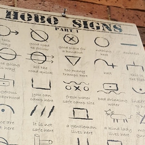 以下が含まれることがあります： 「HOBO SIGNS」というタイトルのヴィンテージスタイルのポスターで、黒と白のイラストでホームレスのサインが描かれています。ポスターは「PART 1」というラベルの付いたセクションに分けられています。各サインには、「this way」、「good road to follow」、「good place for a handout」、「nothing here」、「doubtful」、「no use going this way」、「hit the road quick」、「too many tramps here」、「halt」、「this is the place」、「dangerous neighbourhood」、「you can camp here」、「fresh water safe camp site」、「bad drinking water」、「indifferent to hoboes」、「police are alert here」、「it is not safe here」、「a gentleman lives here」、「a kind lady lives here」、「man with a gun lives here」などの短い説明が添えられています。