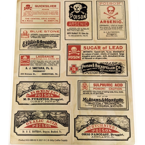 Poison Apothecary Label Decal Sheet (#1) - 10 Vintage Poison Labels for Craft Use