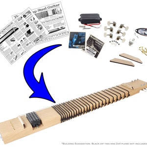 May include: A wooden lap steel guitar kit with all the parts needed to build a lap steel guitar. The kit includes a wooden body, strings, tuning pegs, a pickup, and instructions. "BUILDING SUGGESTION. BLACK ZIP TIES AND 2x4 PLANK NOT INCLUDED IN KIT."