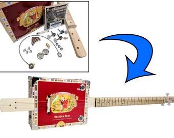 Complete DIY 3-String Fretted Cigar Box Guitar Kit with Neck - includes Acoustic/Electric Pickup (Box Style Will Vary)