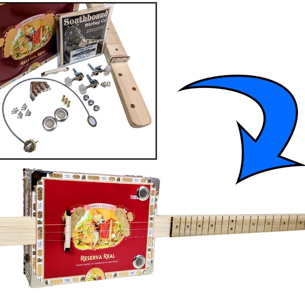 Komplettes DIY 3-string Fretted Zigarren Box Gitarren Set mit Hals - inklusive Akustik/Elektro Pickup (Box Stil variiert)