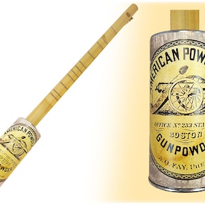 May include: A vintage-style, wooden, gunpowder stick with a label that reads "American Powder Mill, Office No. 233 State St., Boston, Gunpowder, A.O. Fay, Prest."