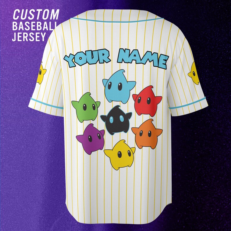 May include: A white baseball jersey with thin yellow pinstripes and light blue trim. The back features the text "YOUR NAME" in blue, surrounded by seven colorful star-shaped characters in blue, red, orange, yellow, purple, green, and black.