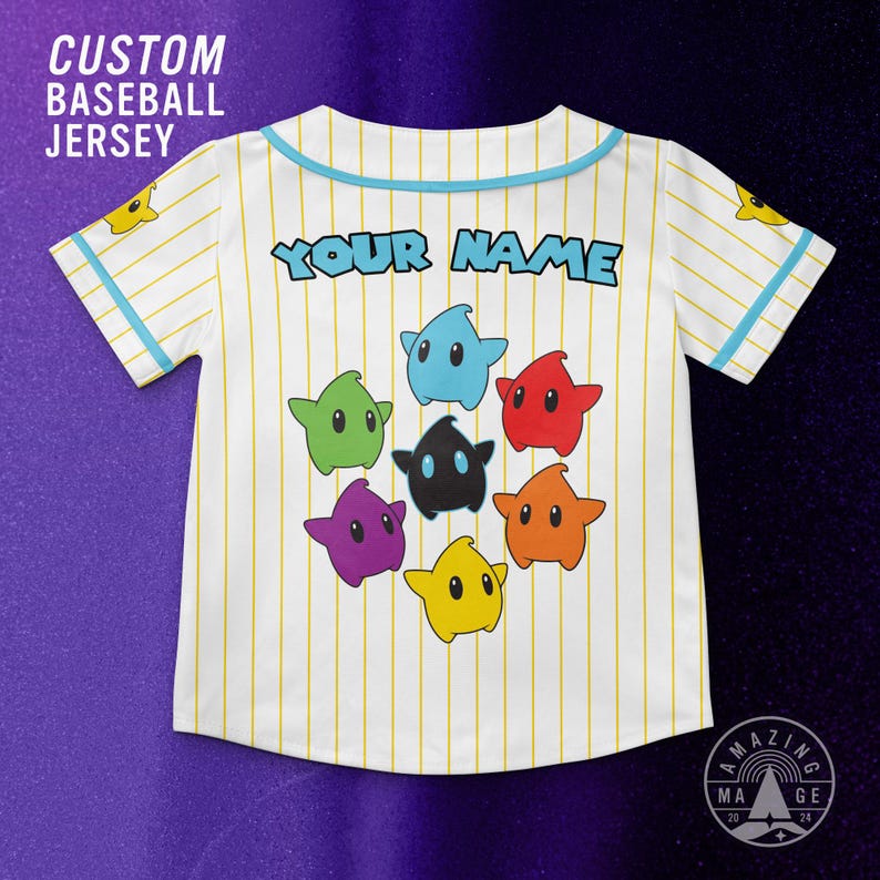 May include: A white baseball jersey with thin yellow pinstripes and light blue trim. The back features the text "YOUR NAME" in light blue and a circular arrangement of seven colorful star-shaped characters in blue, red, orange, yellow, purple, green, and black.