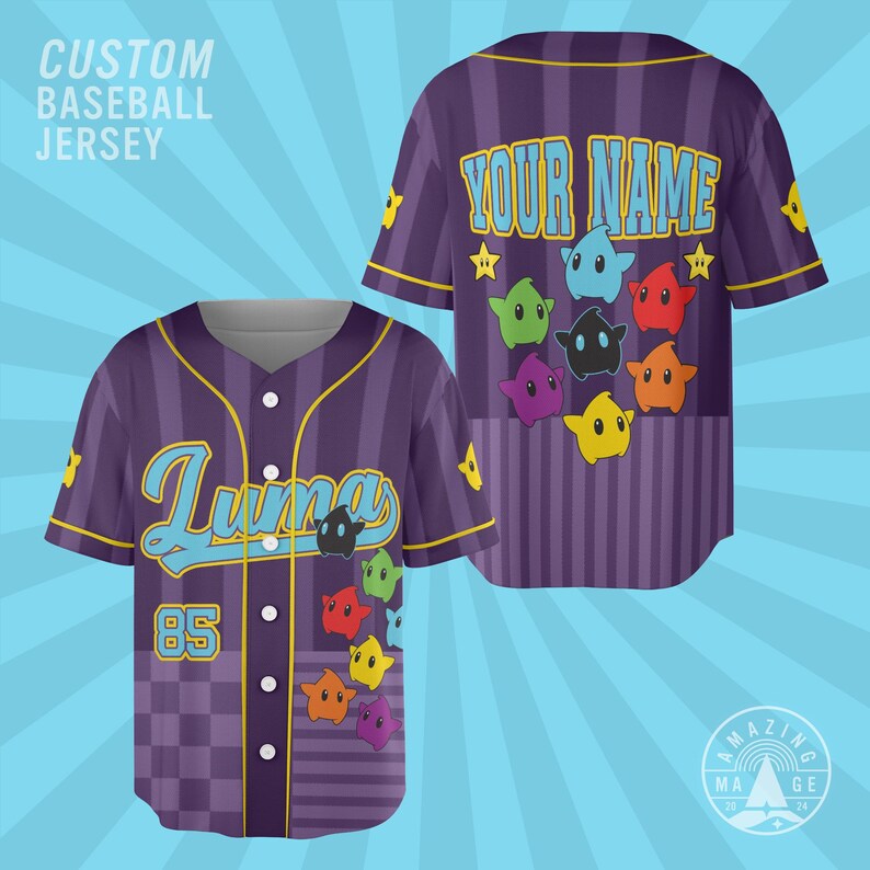 May include: A purple baseball jersey with vertical stripes and a checkered pattern at the bottom. The front features the text Lumas and the number 85, while the back displays the text Your Name. Both sides are decorated with colorful star characters.