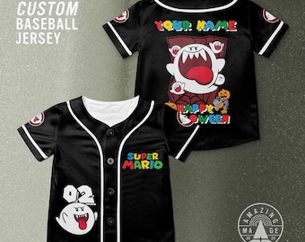 Custom Mario Boo Happy Halloween Baseball Jersey, Mario Character Halloween Jersey Shirt, Mario Nintendo Halloween Gift Shirt