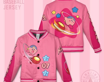 Benutzerdefinierte Kirby Yoyo Baseball Jersey, personalisierte rosa Kirby Gaming Jacke, Kawaii Kirby Stern Shirt für Erwachsene Kinder, niedliches Geburtstagsgeschenk für Gamer