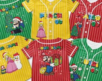 Custom Super Mario Christmas Baseball Jersey, Mario Family Matching Shirts, Super Mario Birthday, Luigi Yoshi Bowser Peach Donkey Kong