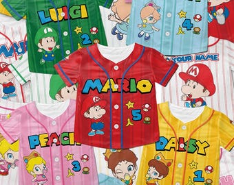 Maglia da baseball personalizzata di Super Mario per neonati, magliette di compleanno di Super Mario, maglietta di Baby Mario, Luigi, Peach, Daisy e Rosalina, regalo di compleanno speciale