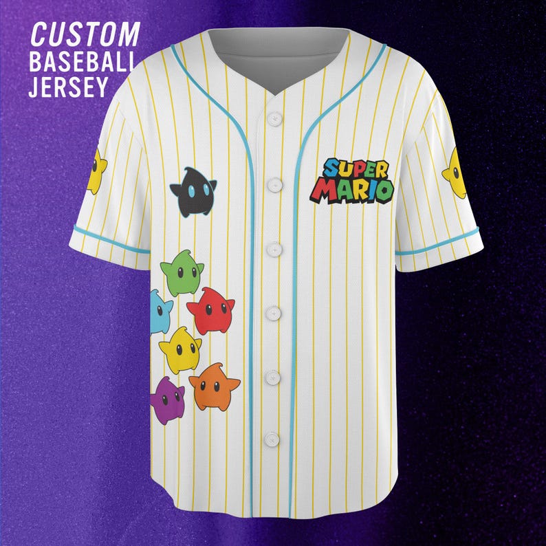May include: A white baseball jersey with thin yellow pinstripes, light blue trim, and a button-down front. The shirt features the text SUPER MARIO and colorful star-shaped characters on the front. The text CUSTOM BASEBALL JERSEY is visible.