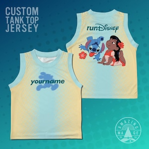 May include: Custom tank top jersey with a light blue and yellow gradient design. The front features the text "yourname" in green. The back displays the "runDisney" logo and a graphic of Stitch and Lilo.