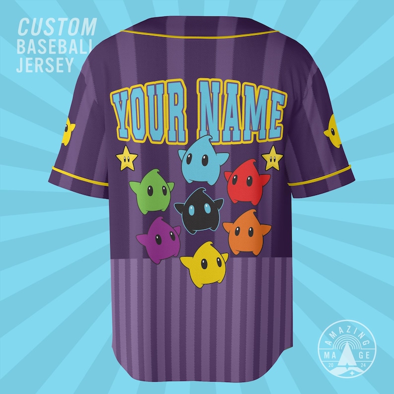 May include: A purple baseball jersey with vertical stripes and yellow trim. The back features the text "YOUR NAME" in light blue, surrounded by colorful star-shaped characters in blue, green, red, black, orange, yellow, and purple.