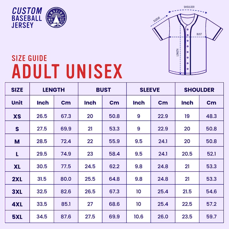 K&ouml;nnte beinhalten: Gr&ouml;&szlig;entabelle f&uuml;r Unisex-Baseballtrikots f&uuml;r Erwachsene. Die Tabelle zeigt die Ma&szlig;e in Zoll und Zentimetern f&uuml;r L&auml;nge, Brustumfang, &Auml;rmel und Schulter.