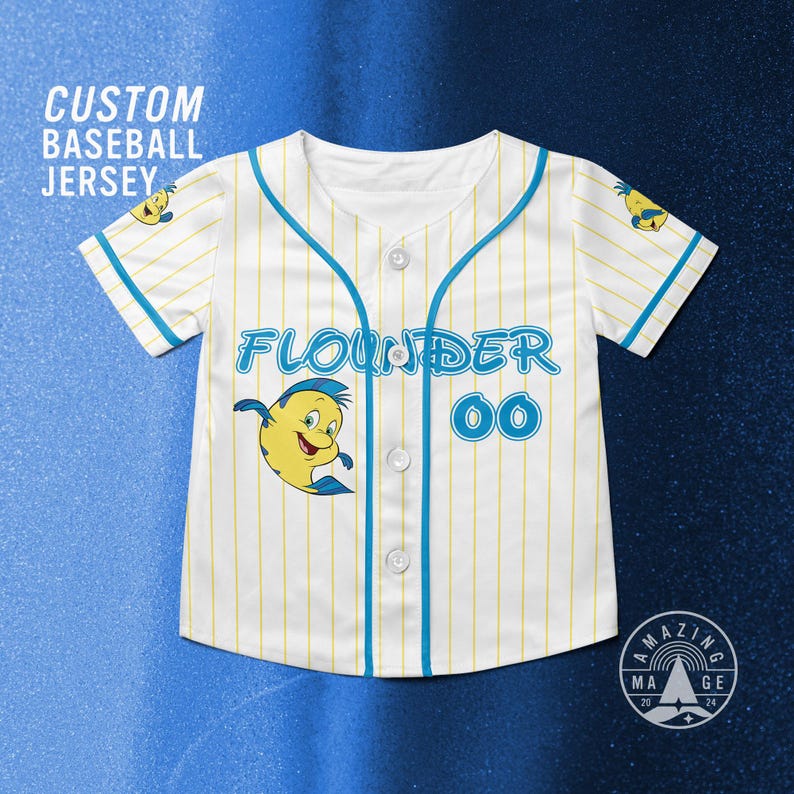 May include: White baseball jersey with yellow pinstripes and blue accents. Features the word "Flounder" and the number "00" in blue. Includes a cartoon image of Flounder. The text "Custom Baseball Jersey" is at the top.
