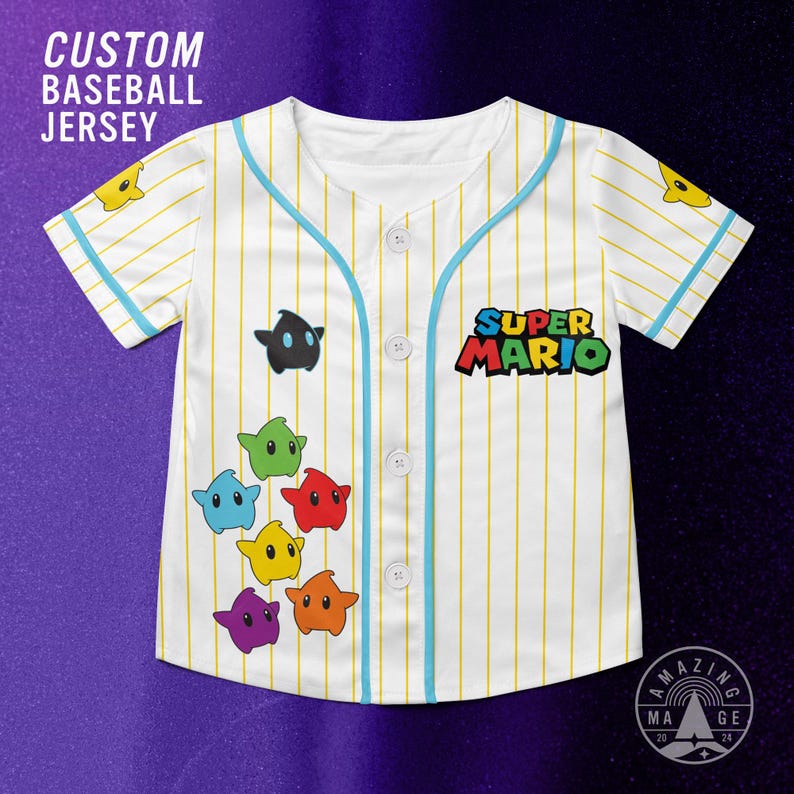 May include: A white short-sleeve baseball jersey with thin yellow vertical stripes and light blue trim. The front features the text SUPER MARIO, four white buttons, and a collection of colorful star-shaped characters in black, green, red, blue, yellow, orange, and purple.