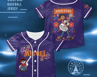 Maillot de baseball personnalisé film Miguel Rivera Coco, chemise film Disney Coco, chemise en jersey Miguel Coco Disney, cadeau chemise voyage Disney.