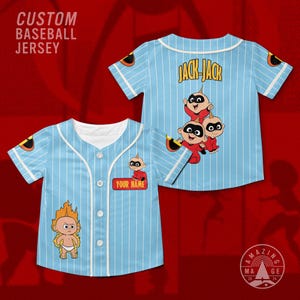 May include: Light blue custom baseball jersey with white pinstripes. The jersey features cartoon graphics of Jack-Jack and other characters. The text "CUSTOM BASEBALL JERSEY" is at the top. The jersey has a button-up front and a white collar.