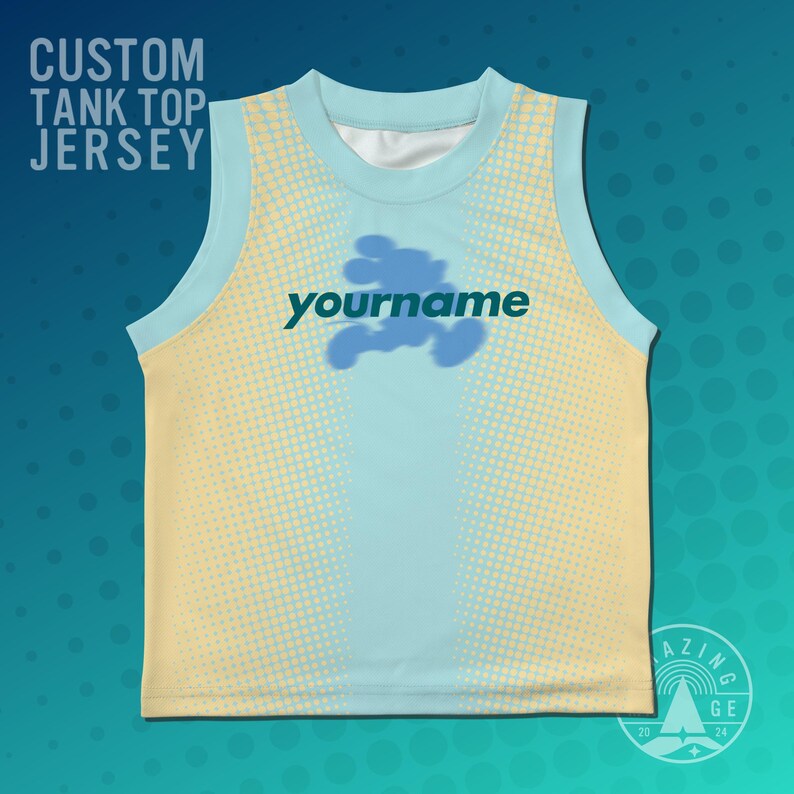 May include: Custom tank top jersey with a light blue and yellow gradient design. The jersey features the text "yourname" in green, with a blue cloud-like graphic above it. The top has a light blue collar and arm openings.