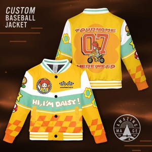 Custom Princess Daisy Baseball Jacket, Mario Kart Kids Varsity Jacket, Super Mario Birthday Gift, Mario Peach Daisy Yoshi Game Lover Gift