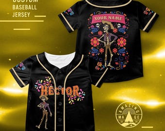 Maillot de baseball personnalisé film Hector Rivera Coco, chemise film Disney Coco, chemise en jersey Miguel Coco Disney, cadeau chemise voyage Disney.