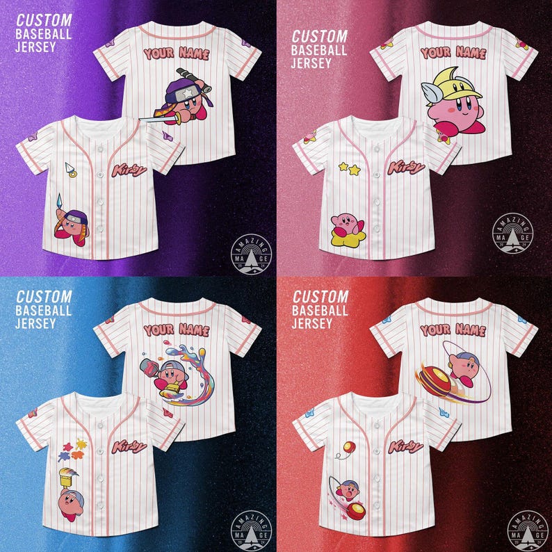 Pu&ograve; includere: Maglie da baseball a righe bianche e rosse con disegni di personaggi dei cartoni animati. Le maglie presentano la scritta "YOUR NAME" e "Kirby". L'immagine include anche il testo "CUSTOM BASEBALL JERSEY".