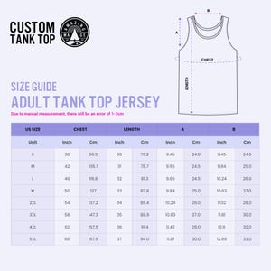 May include: A size guide for an adult tank top jersey, with measurements in inches and centimetres. The guide includes chest and length measurements for sizes S through 5XL. The image also includes the text "CUSTOM TANK TOP".