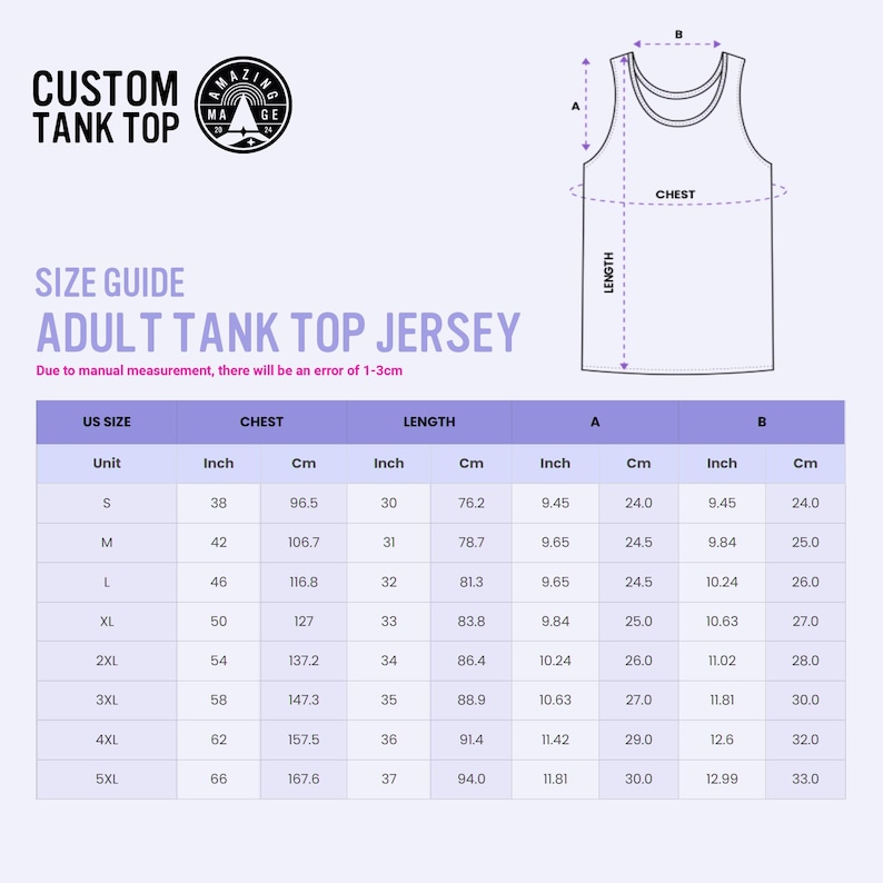 May include: A size guide for an adult tank top jersey, with measurements in inches and centimetres. The guide includes chest and length measurements for sizes S through 5XL. The image also includes the text "CUSTOM TANK TOP".