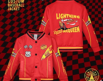 Custom Lighting McQueen 95 Cars Movies Baseball Jacket, Pixar Disney Cars Movies, McQueen Cars Varsity Jackets, Disney Kid Youth Jacket