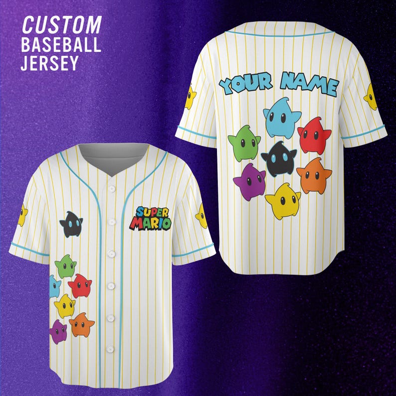 May include: A white baseball jersey with thin yellow pinstripes and light blue trim. The front features the text SUPER MARIO and colorful star characters. The back displays the text YOUR NAME above a cluster of various colored star characters.