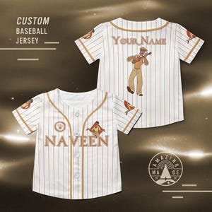 May include: Custom baseball jersey with white and brown vertical stripes. The jersey features the name "Naveen" on the front and "Your Name" on the back. It has a cartoon illustration of a man playing a musical instrument. The text "Custom Baseball Jersey" is also visible.