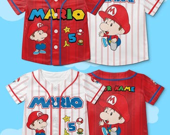 Maglia da baseball personalizzata di Baby Mario, maglietta di compleanno di Mario per bambini, regalo di compleanno per bambini, maglietta per feste a tema Mario, abbigliamento coordinato Disney per tutta la famiglia
