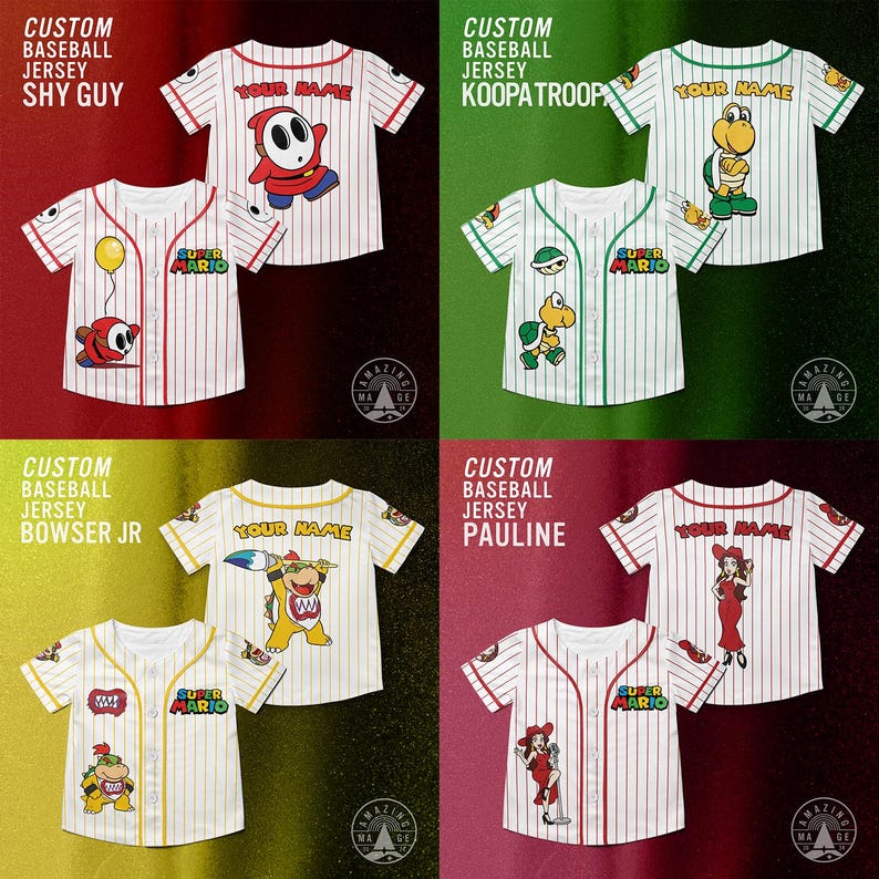 Pu&ograve; includere: Quattro maglie da baseball personalizzate con gessati e grafiche di personaggi. Le maglie presentano personaggi come Shy Guy, Koopa Troopa, Bowser Jr. e Pauline. Ogni maglia ha il testo "YOUR NAME" sopra la grafica del personaggio.