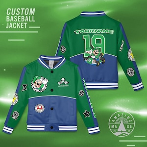 May include: Green and blue custom baseball jacket with Mario Kart graphics. The jacket features a button-up front, white trim, and various patches. The back displays a Mario Kart scene and the text "YOURNAME 19".