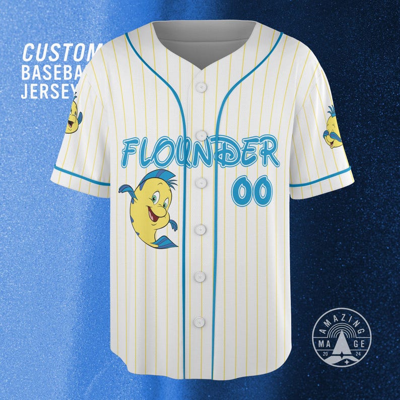 May include: White baseball jersey with yellow pinstripes and blue accents. Features the word "Flounder" in blue script, the number "00", and a cartoon image of Flounder. The text "Custom Baseball Jersey" is visible.