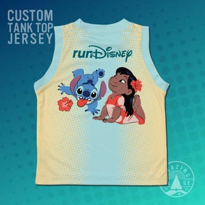 May include: A light blue tank top jersey with the text "CUSTOM TANK TOP JERSEY" at the top. The jersey features the words "runDisney" and a graphic of Stitch and Lilo from the Disney movie Lilo & Stitch.