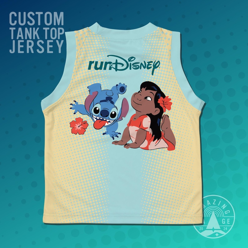 May include: A light blue tank top jersey with the text "CUSTOM TANK TOP JERSEY" at the top. The jersey features the words "runDisney" and a graphic of Stitch and Lilo from the Disney movie Lilo & Stitch.