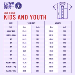 K&ouml;nnte beinhalten: Gr&ouml;&szlig;entabelle f&uuml;r Baseballtrikots f&uuml;r Kinder und Jugendliche. Die Tabelle zeigt die Ma&szlig;e in Zoll und Zentimetern f&uuml;r Brustumfang und L&auml;nge. Die Gr&ouml;&szlig;en reichen von 6 Monaten bis Jugend L (16 Jahre).
