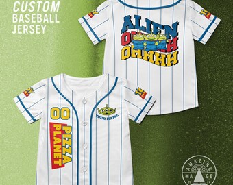 Maglia da baseball personalizzata Toy Story Alien Pizza Planet, maglietta del film Disney Toy Story, maglietta del viaggio Disney di Pizza Planet Toy Story.