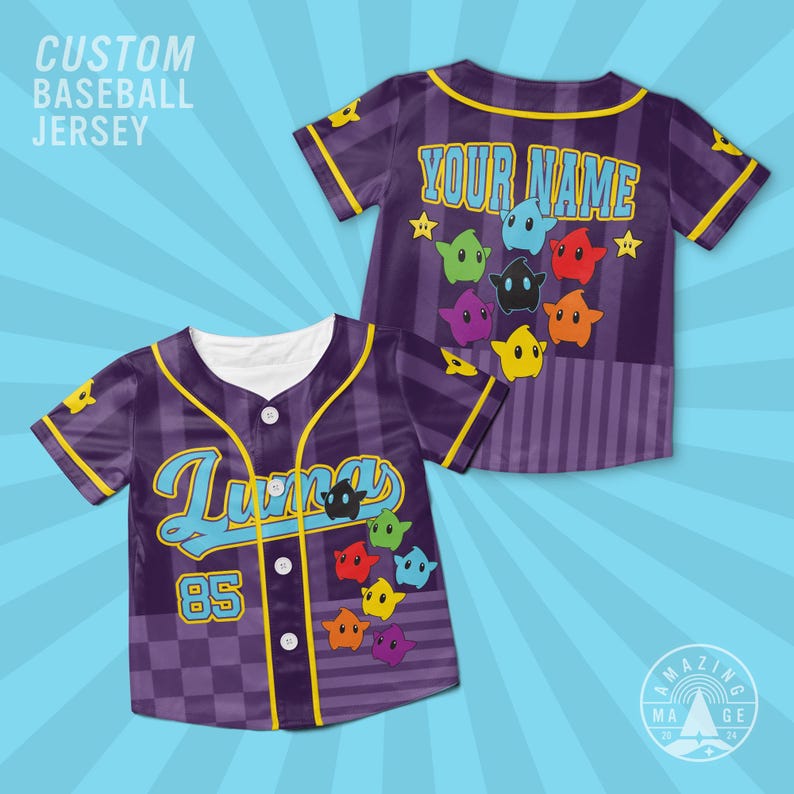 May include: A purple baseball jersey with a button-down front, yellow trim, and a checkered pattern. The front features the text Lumas and the number 85, while the back displays the text YOUR NAME. Both sides feature colorful star characters.
