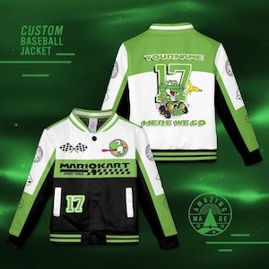 May include: Custom baseball jacket in white, black, and green, featuring a Mario Kart design with Yoshi. The jacket has the number 17 and the text "HERE WE GO". The front says "MARIOKART SPORT TRACK".