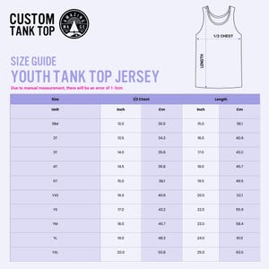 May include: A size guide for a youth tank top jersey, with measurements in inches and centimetres. The guide includes sizes from 18M to YXL, with chest and length measurements. The top left corner has the text "CUSTOM TANK TOP".