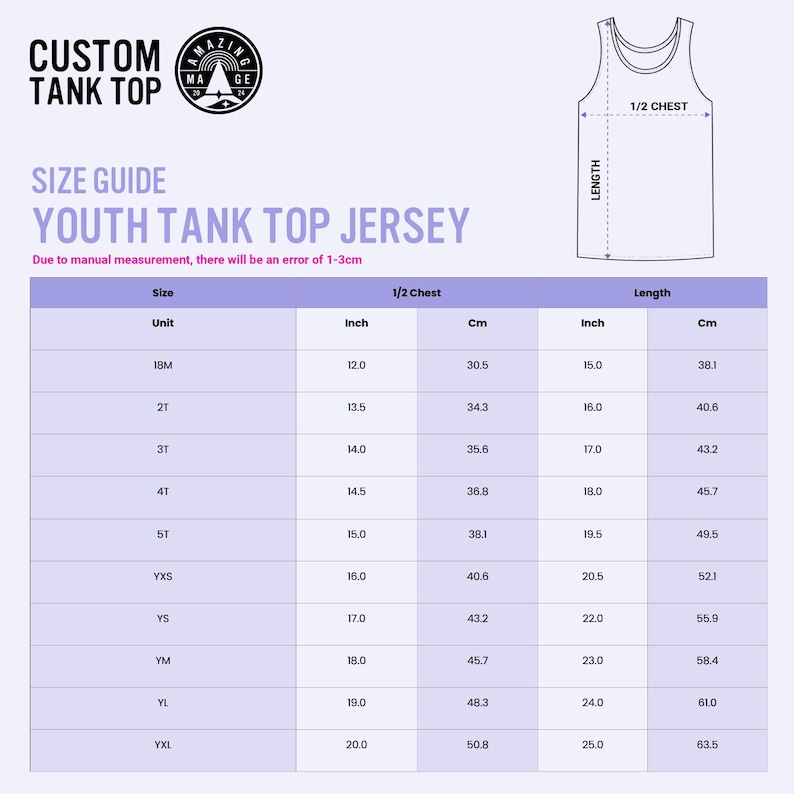 May include: A size guide for a youth tank top jersey, with measurements in inches and centimetres. The guide includes sizes from 18M to YXL, with chest and length measurements. The top left corner has the text "CUSTOM TANK TOP".