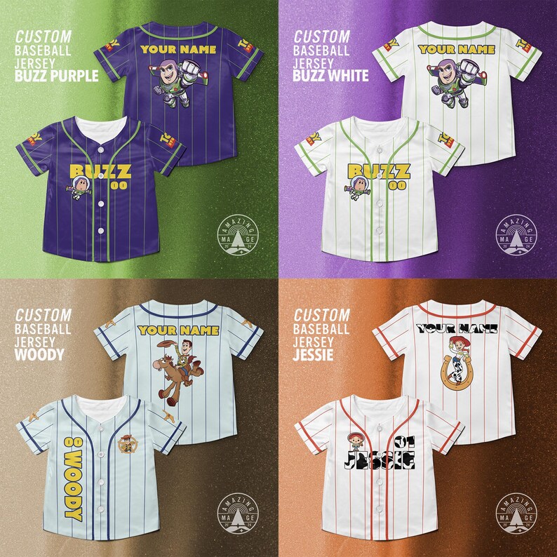 Puede incluir: Cuatro camisetas de b&eacute;isbol personalizadas en morado, blanco, azul claro y rojo. Cada camiseta presenta un dise&ntilde;o de personaje y la opci&oacute;n de agregar un nombre. Las camisetas tienen rayas finas y se muestra el texto "CUSTOM BASEBALL JERSEY".