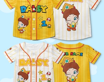 Maglia da baseball personalizzata per bambina con margherite, maglietta di compleanno a tema Super Mario, maglietta per feste a tema margherite, regalo di compleanno per gamer, abiti coordinati per tutta la famiglia
