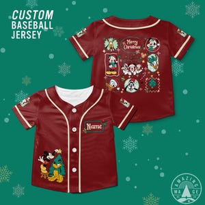 May include: Burgundy custom baseball jersey with white trim and buttons. The jersey features a Christmas-themed design with Mickey Mouse, Donald Duck, and Goofy. The text "CUSTOM BASEBALL JERSEY" is printed on the top left.